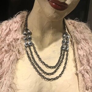 Y2K~Triple Strand Weathered Silver Chain Oblong Nailhead Saucers Necklace 22"